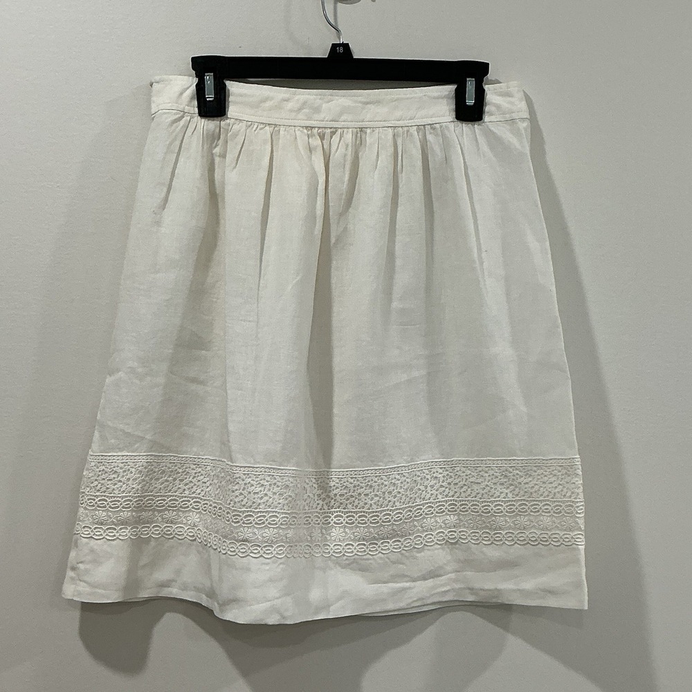 Jigsaw 100% Linen White A-Line Skirt Size 6 Midi Eyelet Lace Quiet Luxury